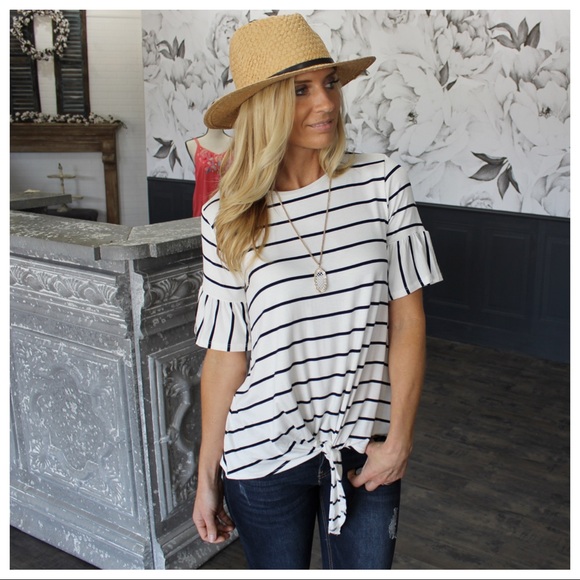 Infinity Raine Tops - Ivory/Black Striped Tie Front Ruffle Sleeve Top